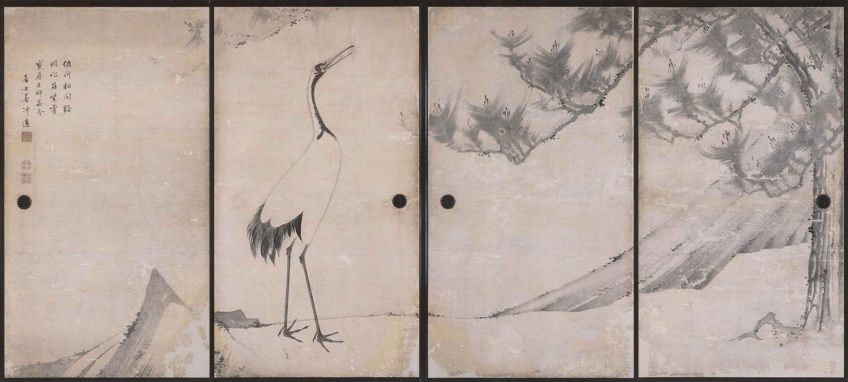 重要文化財 伊藤若冲《鹿苑寺大書院障壁画 二之間襖絵 松鶴図》（部分） 江戸時代 宝暦 9 年（1759） 鹿苑寺蔵