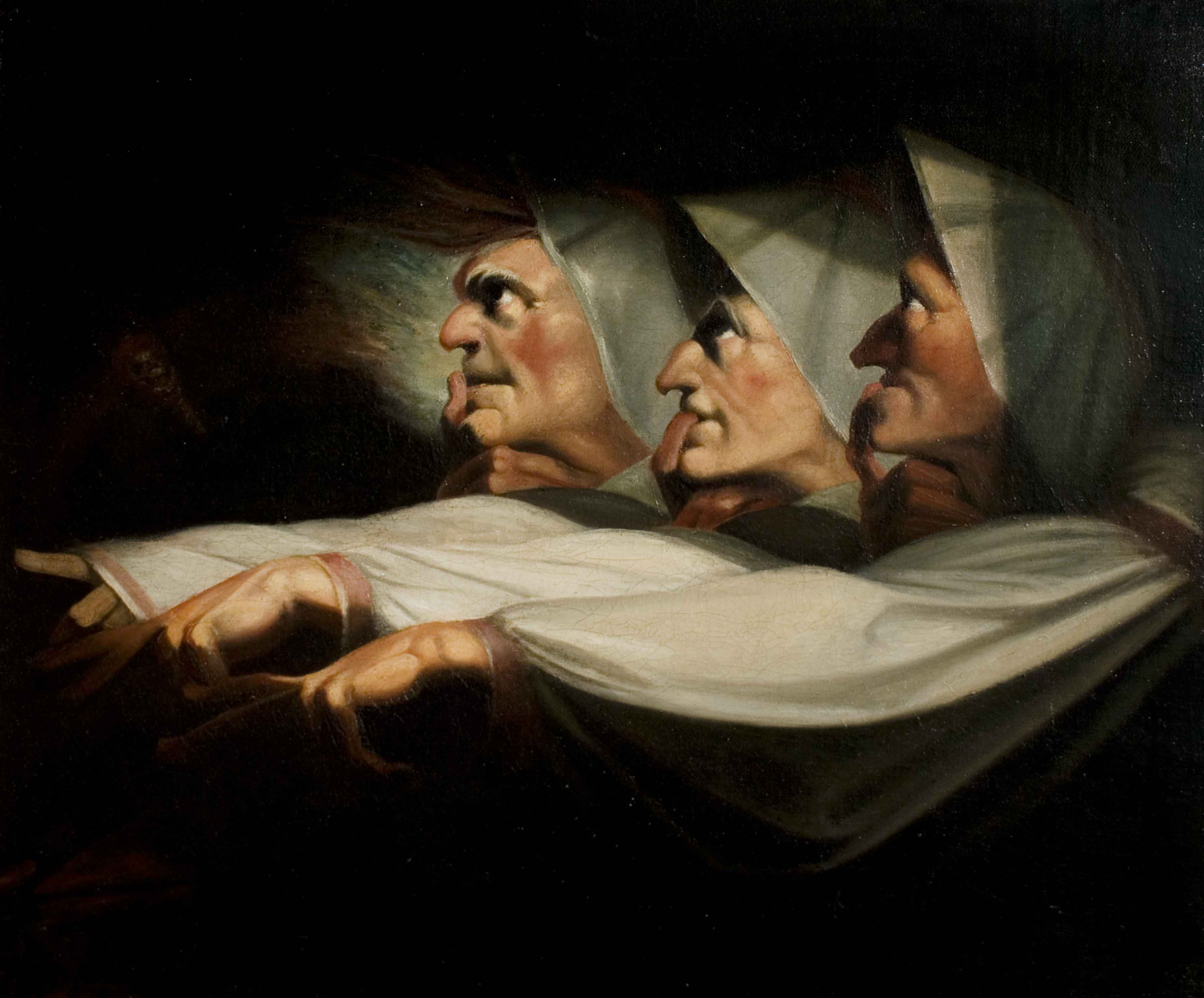 Johann Heinrich Füssli (1741 – 1825), Les trois sorcières, après 1783,  huile sur toile, 75 x 90 cm, , photo: Royal Shakespeare Company Theatre Collection.